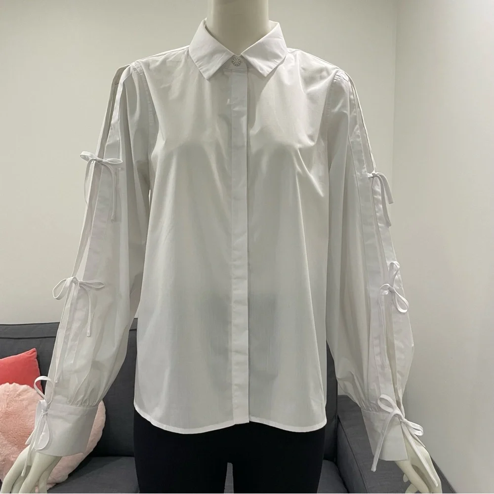NWT KAFFE KAsara White Shirt with Tie-Up Sleeves & Pretty Pearl Button Size M - Picture 4 of 15
